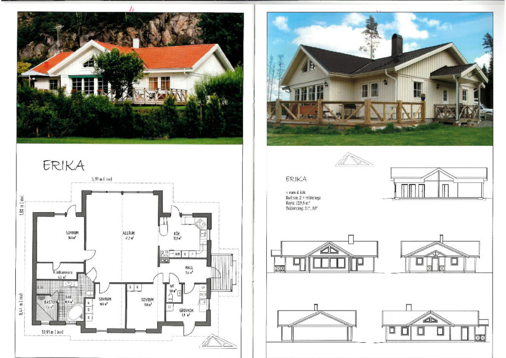 Villa Erika enplanshus bilder på fasader med vit stående panel och planritningar