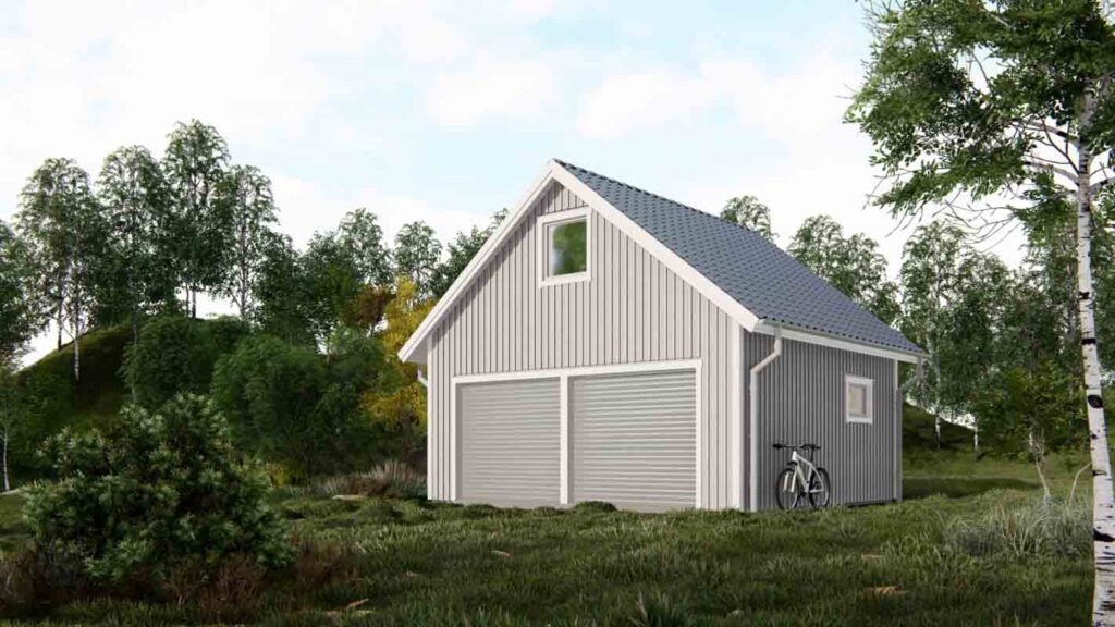 Garage 40 dubbelgarage med loft bild på fasad med grå stående panel och garageportar och en långsida
