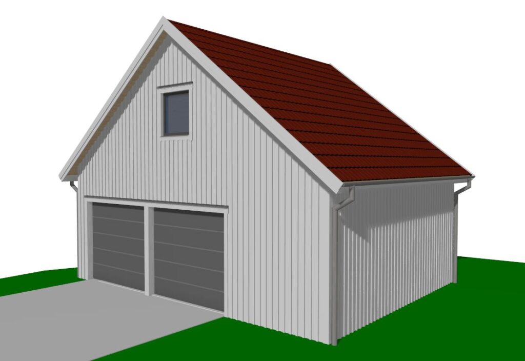 Garage 50 dubbelgarage med loft 3D bild fasad gavelsida med garageportar
