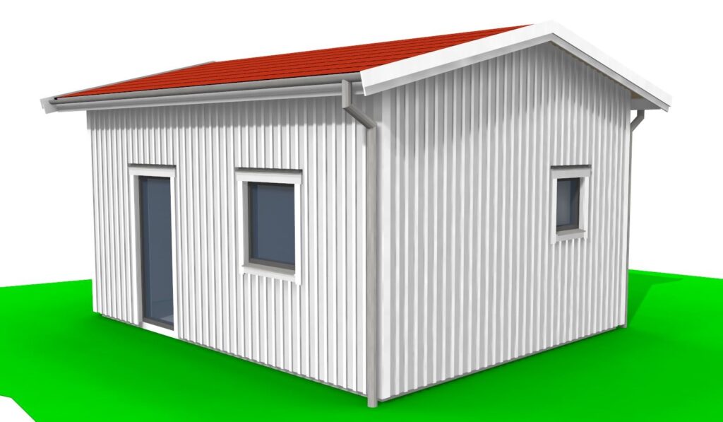 Attefallshus med sadeltak 14 grader med loft alternativ med färre antal fönster 3D bild fasad entré