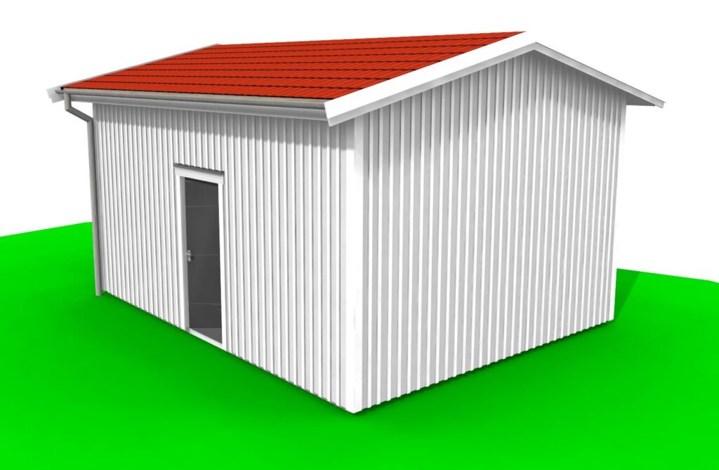 Attefallshus med sadeltak 14 grader med loft alternativ med färre antal fönster 3D bild fasad